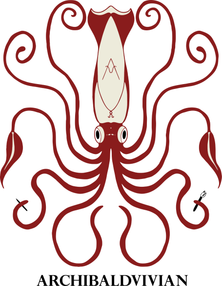 Zeichnung eines roten Kalmars mit Pinsel und Stift in den vorderen Armen